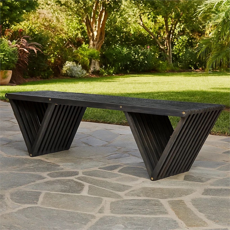 Benjara Riah Outdoor Bench- Angled Legs- Slatted 63