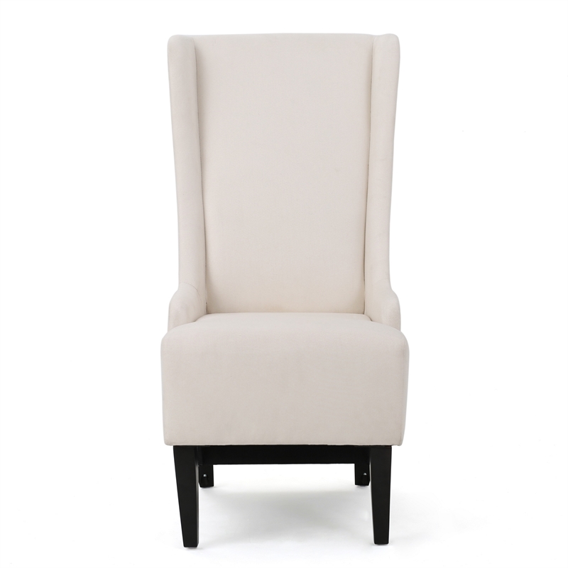 Benjara Becca Dining Chair- Beige Fabric- High Wingback- Tapered Black Legs