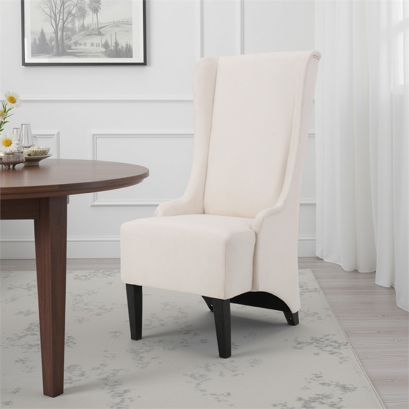 Benjara Becca Dining Chair- Beige Fabric- High Wingback- Tapered Black Legs