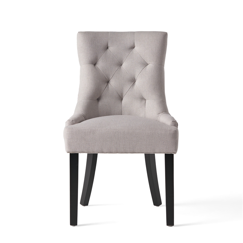 Benjara Chen Dining Chair Set of 2- Light Gray Fabric- Tufted Back- Wood Frame