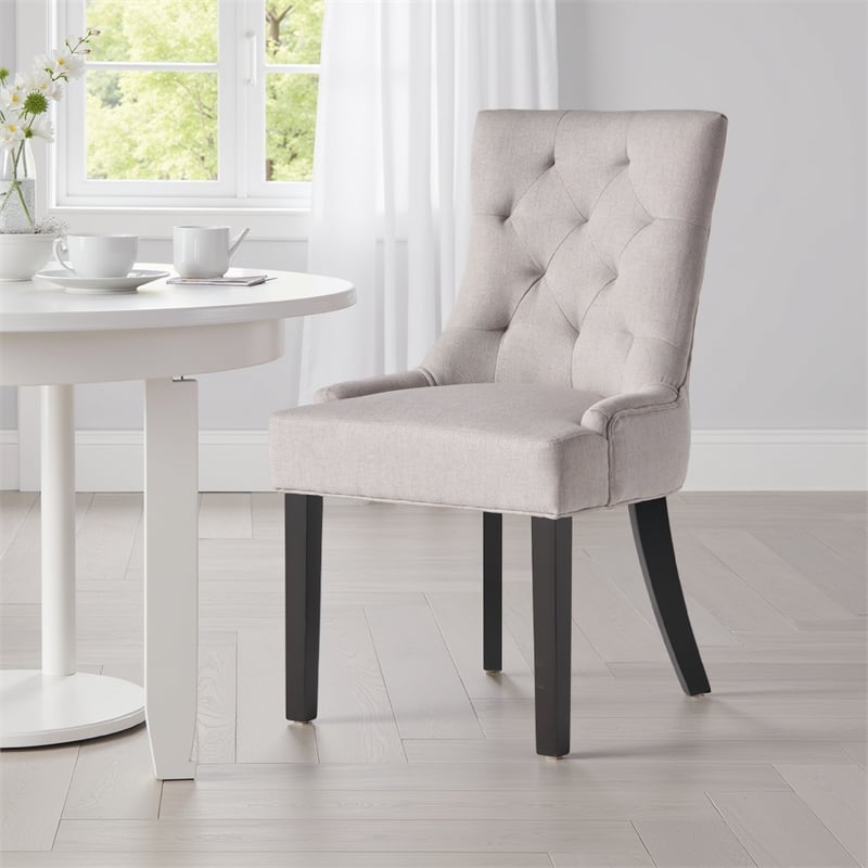 Benjara Chen Dining Chair Set of 2- Light Gray Fabric- Tufted Back- Wood Frame