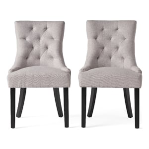 Benjara Chen Dining Chair Set of 2- Light Gray Fabric- Tufted Back- Wood Frame