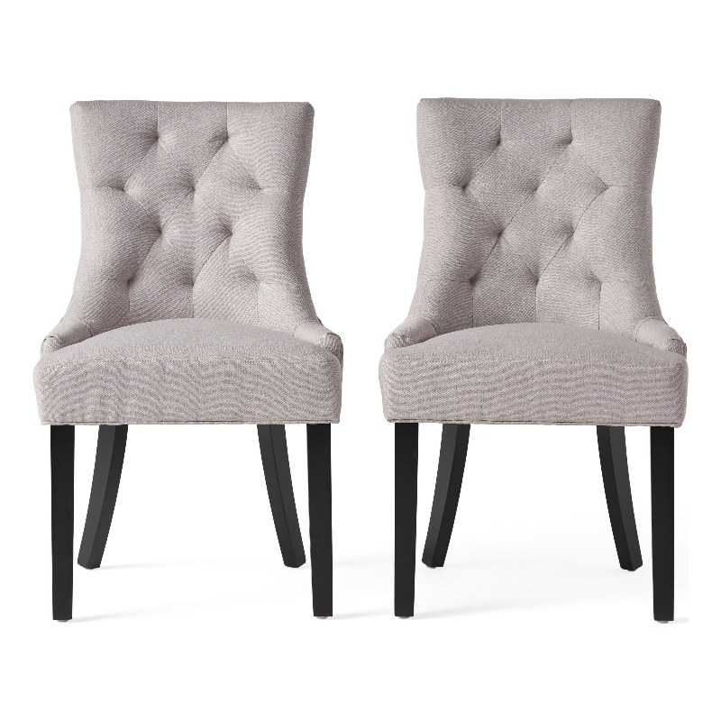 Benjara Chen Dining Chair Set of 2- Light Gray Fabric- Tufted Back- Wood Frame