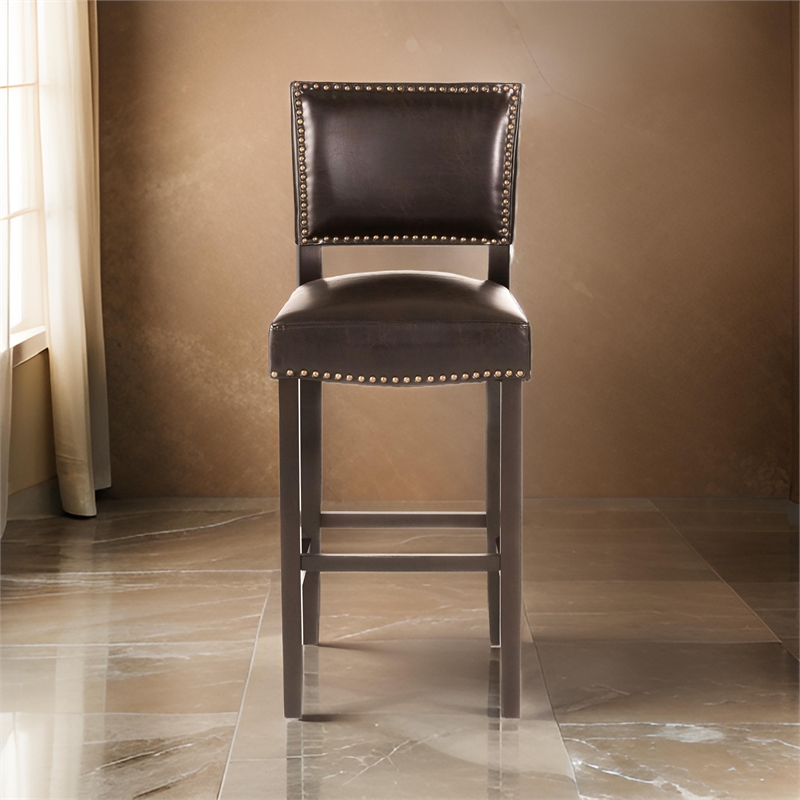 Benjara Alpha Barstool Chair Set of 2- Classic Brown Velvet- Rubberwood Frame