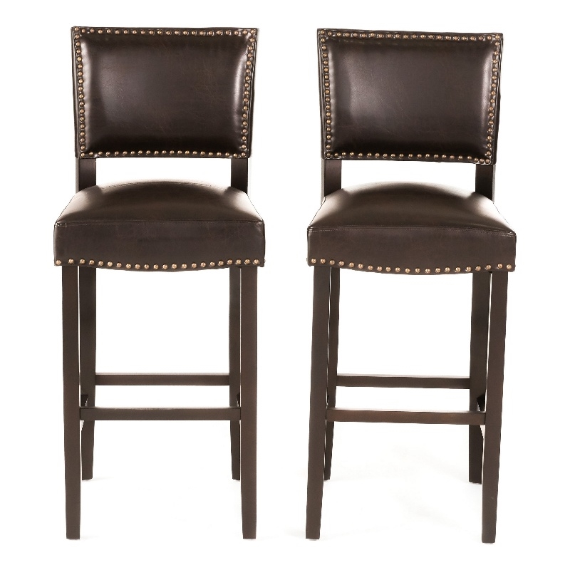 Benjara Alpha Barstool Chair Set of 2- Classic Brown Velvet- Rubberwood Frame