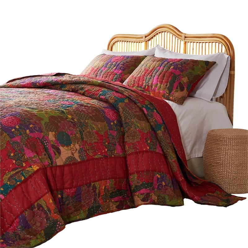 Benjara Lewi 3pc King Quilt Set- Kantha Style Dark Red Floral Cotton Microfiber