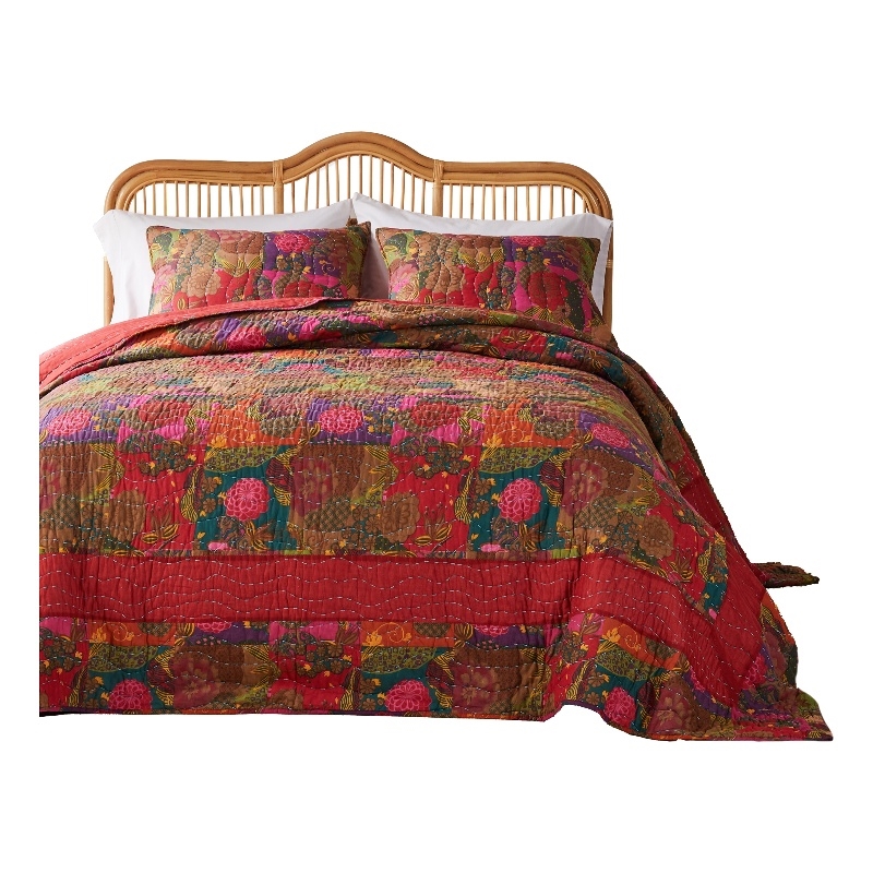 Benjara Lewi 3pc Queen Quilt Set- Floral- Kantha Style Dark Red Floral Cotton