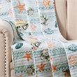 Benjara Carie Throw Blanket-Coastal Seashell Print-Blue Orange Cotton Microfiber