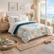Benjara Carie Throw Blanket-Coastal Seashell Print-Blue Orange Cotton Microfiber