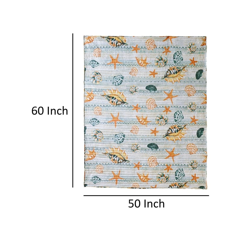 Benjara Carie Throw Blanket-Coastal Seashell Print-Blue Orange Cotton Microfiber