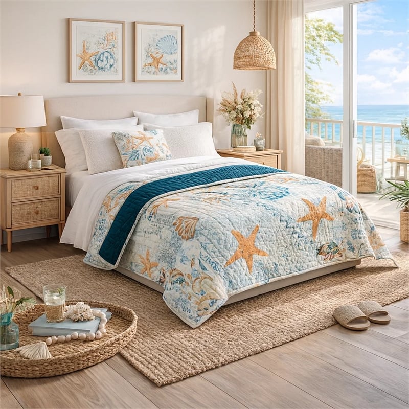 Benjara Carie Throw Blanket-Coastal Seashell Print-Blue Orange Cotton Microfiber