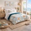 Benjara Carie Throw Blanket-Coastal Seashell Print-Blue Orange Cotton Microfiber