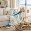 Benjara Carie Throw Blanket-Coastal Seashell Print-Blue Orange Cotton Microfiber