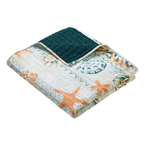 Benjara Carie Throw Blanket-Coastal Seashell Print-Blue Orange Cotton Microfiber