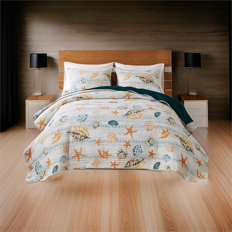 Benjara Carie 2pc XL Twin Quilt Set- Coastal Seashells- Blue Cotton Microfiber