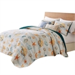 Benjara Carie 3pc Full/Queen Quilt Set-Coastal Seashells-Blue Cotton Microfiber