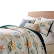 Benjara Carie 3pc Full/Queen Quilt Set-Coastal Seashells-Blue Cotton Microfiber