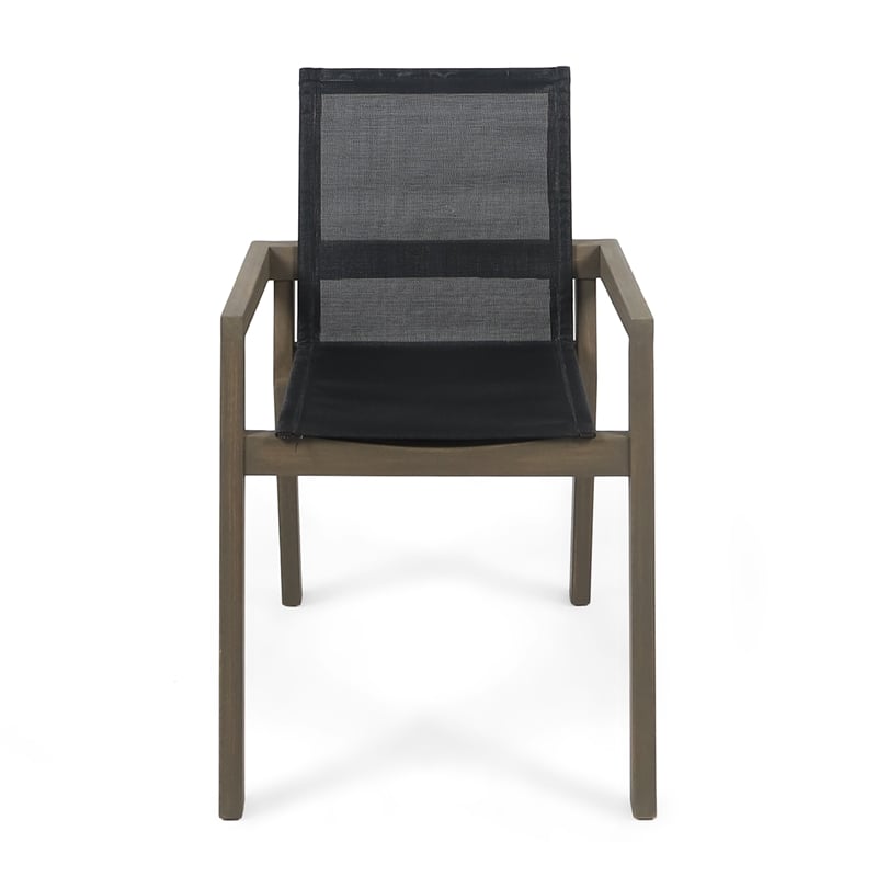 Benjara Side Dining Chair Set of 2- Angled Legs- Gray Mesh- Brown Acacia Wood