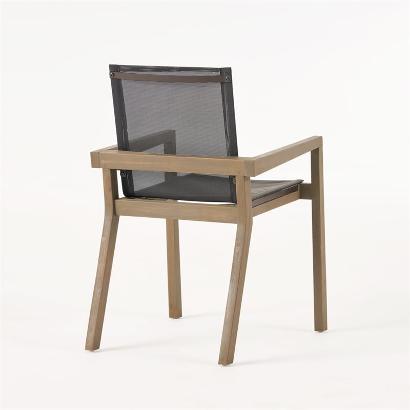 Benjara Side Dining Chair Set of 2- Angled Legs- Gray Mesh- Brown Acacia Wood
