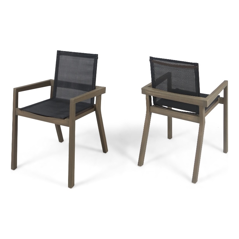 Benjara Side Dining Chair Set of 2- Angled Legs- Gray Mesh- Brown Acacia Wood