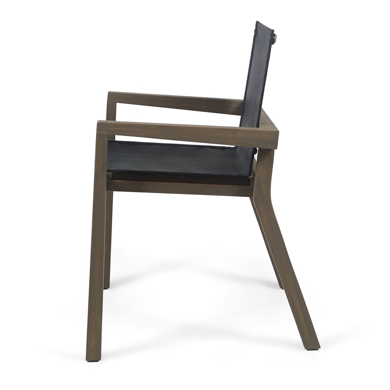 Benjara Side Dining Chair Set of 2- Angled Legs- Gray Mesh- Brown Acacia Wood
