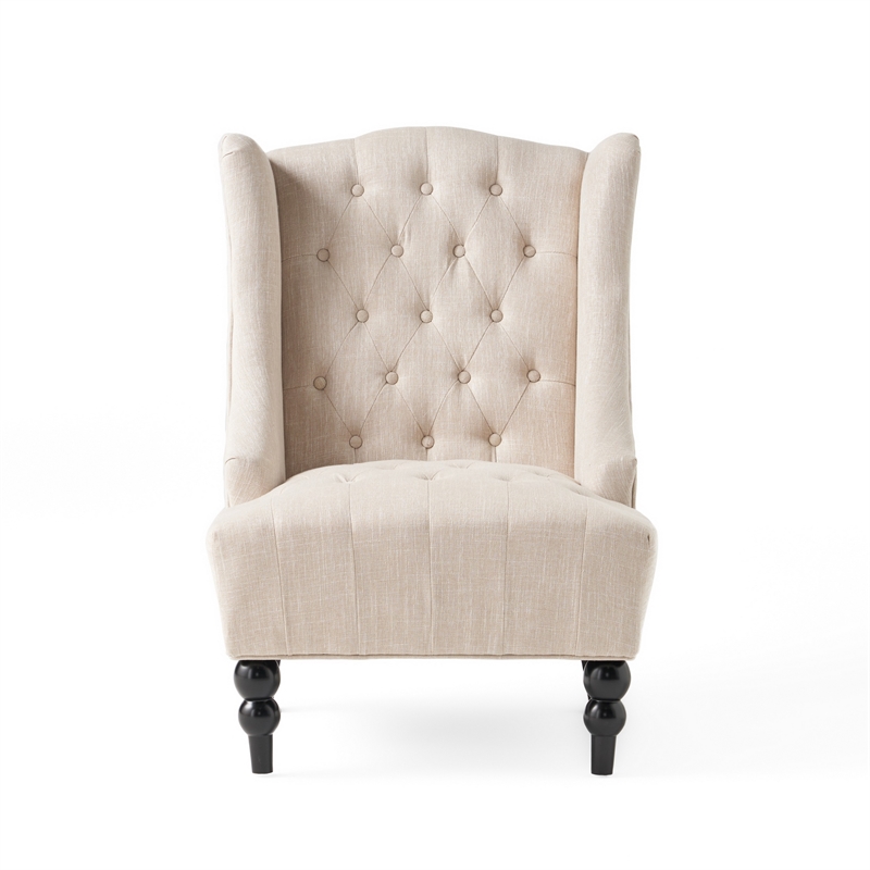 Benjara Club Chair- High Wingback- Birch Wood Legs- Beige Button Tufted Fabric