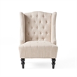 Benjara Club Chair- High Wingback- Birch Wood Legs- Beige Button Tufted Fabric