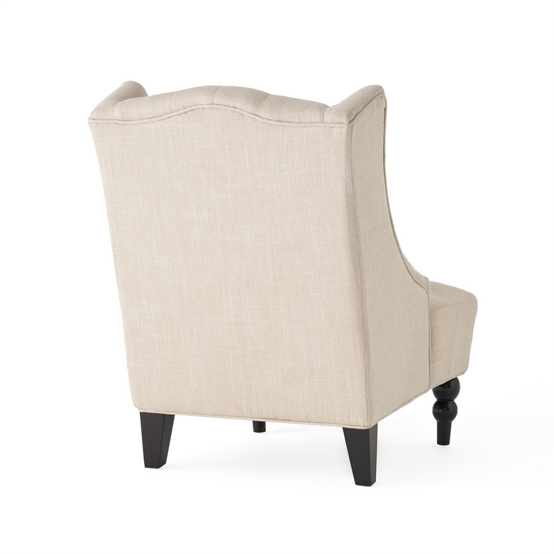 Benjara Club Chair- High Wingback- Birch Wood Legs- Beige Button Tufted Fabric