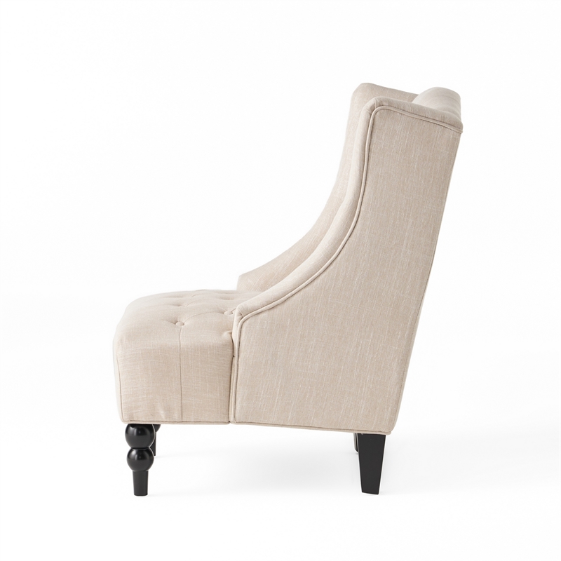 Benjara Club Chair- High Wingback- Birch Wood Legs- Beige Button Tufted Fabric