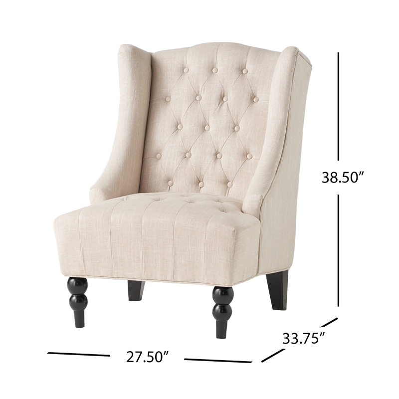 Benjara Club Chair- High Wingback- Birch Wood Legs- Beige Button Tufted Fabric