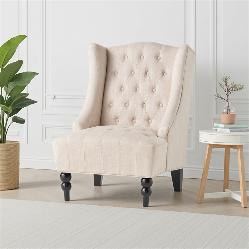 Benjara Club Chair- High Wingback- Birch Wood Legs- Beige Button Tufted Fabric