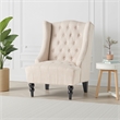 Benjara Club Chair- High Wingback- Birch Wood Legs- Beige Button Tufted Fabric