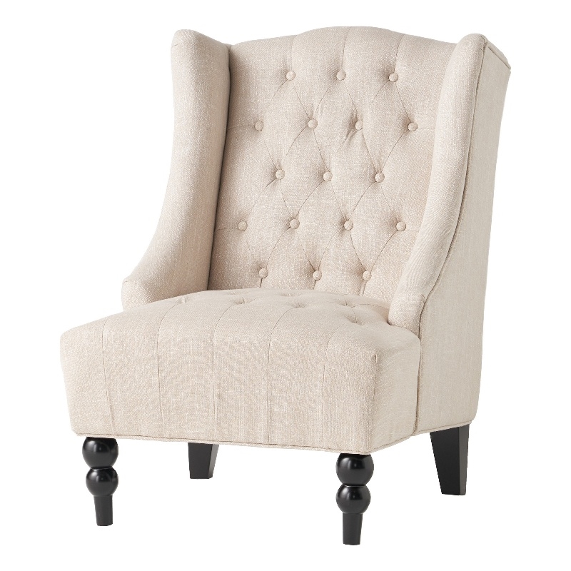 Benjara Club Chair- High Wingback- Birch Wood Legs- Beige Button Tufted Fabric