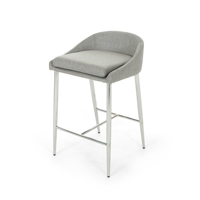 Benjara Yoko Set of 2 Counter Stool Chairs- Chrome Iron Legs/Gray Fabric