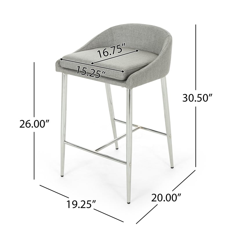 Benjara Yoko Set of 2 Counter Stool Chairs- Chrome Iron Legs/Gray Fabric