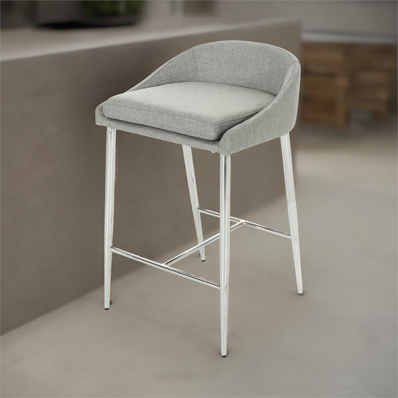 Benjara Yoko Set of 2 Counter Stool Chairs- Chrome Iron Legs/Gray Fabric