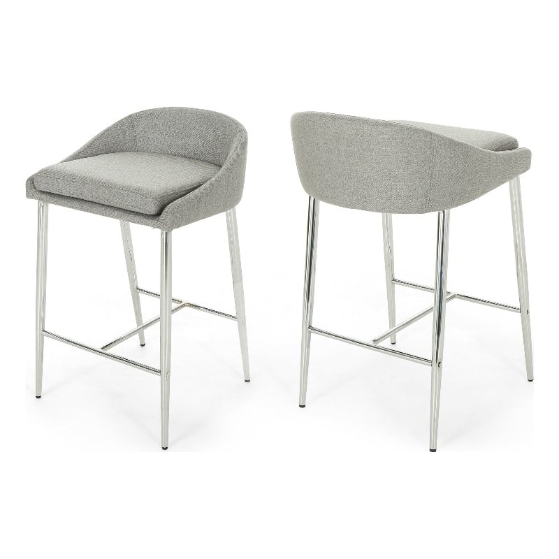 Benjara Yoko Set of 2 Counter Stool Chairs- Chrome Iron Legs/Gray Fabric