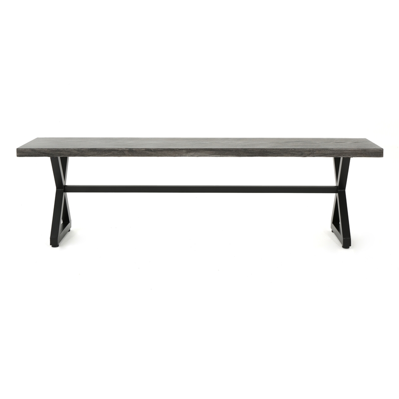 Benjara Romita Outdoor Dining Bench- X Shape Legs- Gray Metal- Black Steel- 63