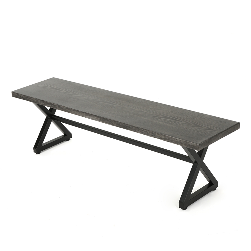 Benjara Romita Outdoor Dining Bench- X Shape Legs- Gray Metal- Black Steel- 63