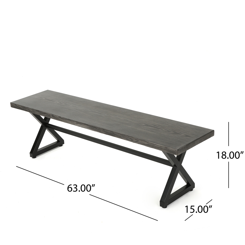 Benjara Romita Outdoor Dining Bench- X Shape Legs- Gray Metal- Black Steel- 63