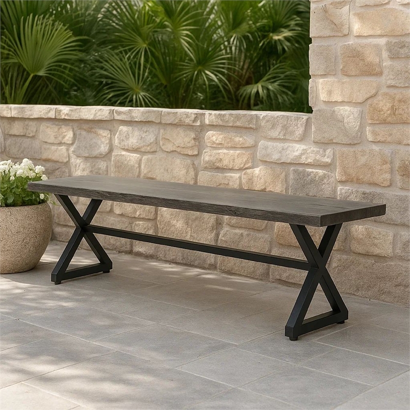 Benjara Romita Outdoor Dining Bench- X Shape Legs- Gray Metal- Black Steel- 63