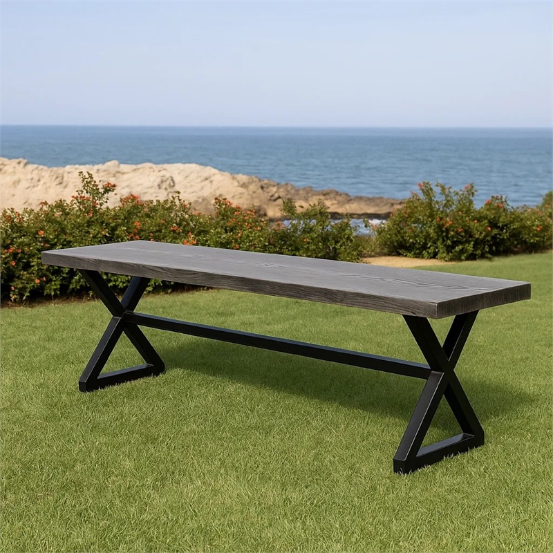 Benjara Romita Outdoor Dining Bench- X Shape Legs- Gray Metal- Black Steel- 63