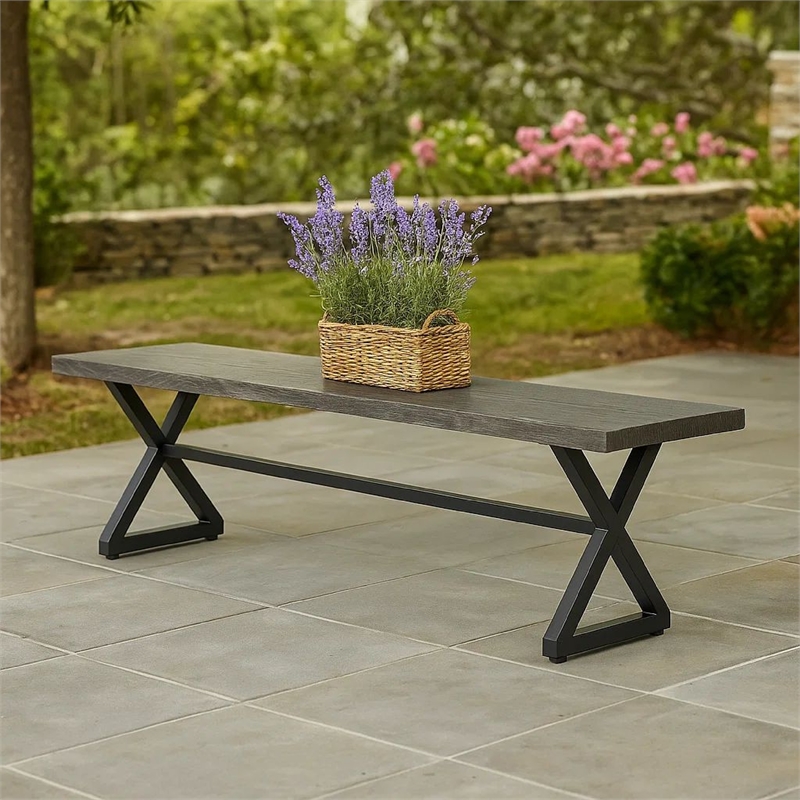 Benjara Romita Outdoor Dining Bench- X Shape Legs- Gray Metal- Black Steel- 63