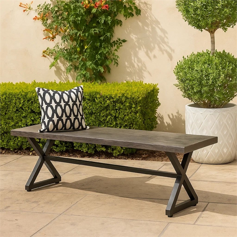 Benjara Romita Outdoor Dining Bench- X Shape Legs- Gray Metal- Black Steel- 63