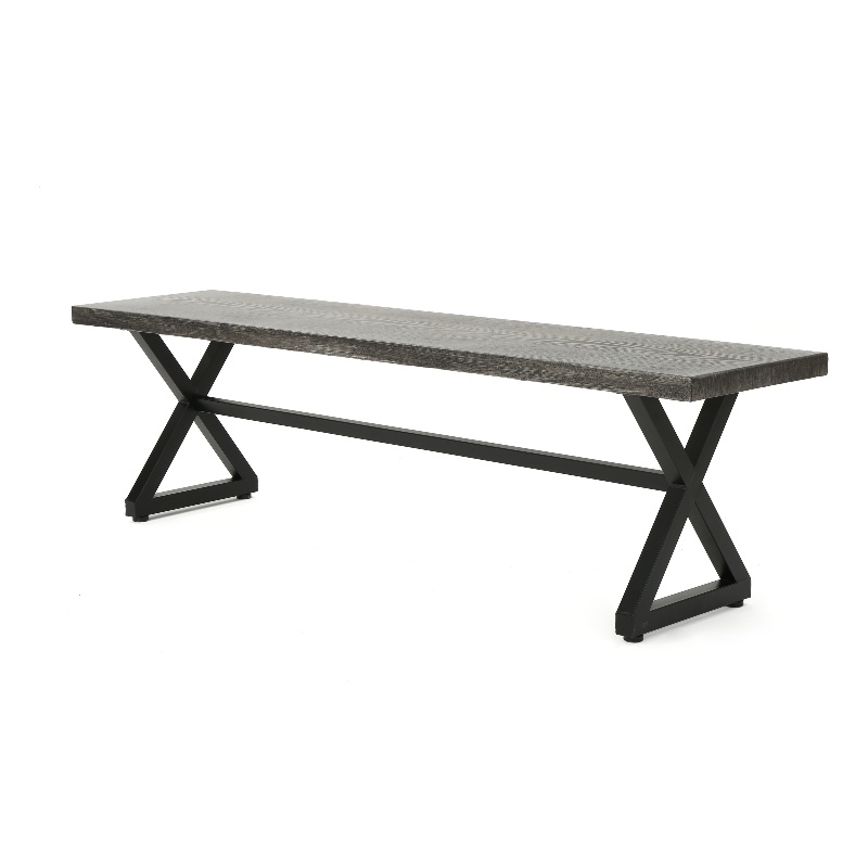 Benjara Romita Outdoor Dining Bench- X Shape Legs- Gray Metal- Black Steel- 63