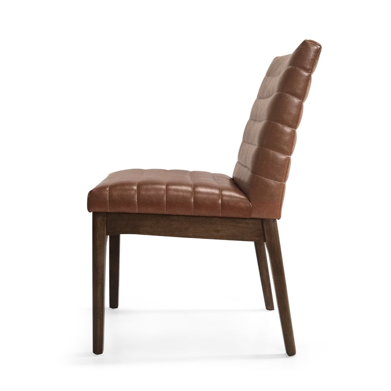 Benjara Lissa Dining Chair-Channel Stitching-Brown Polyester Cushions-Wood Legs