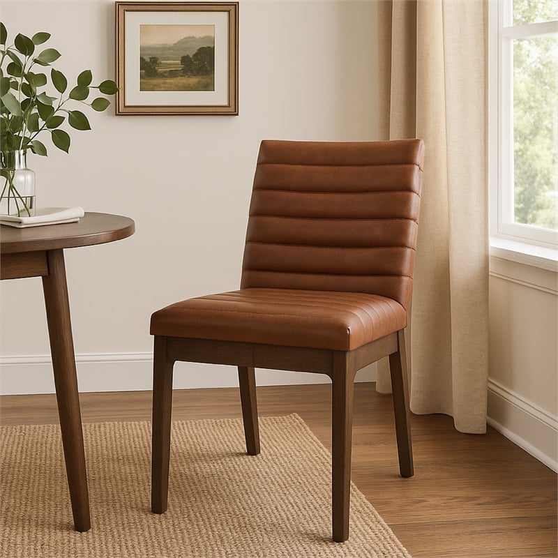 Benjara Lissa Dining Chair-Channel Stitching-Brown Polyester Cushions-Wood Legs