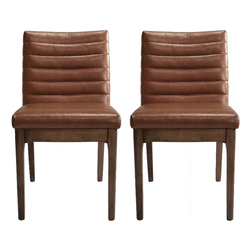 Benjara Lissa Dining Chair-Channel Stitching-Brown Polyester Cushions-Wood Legs