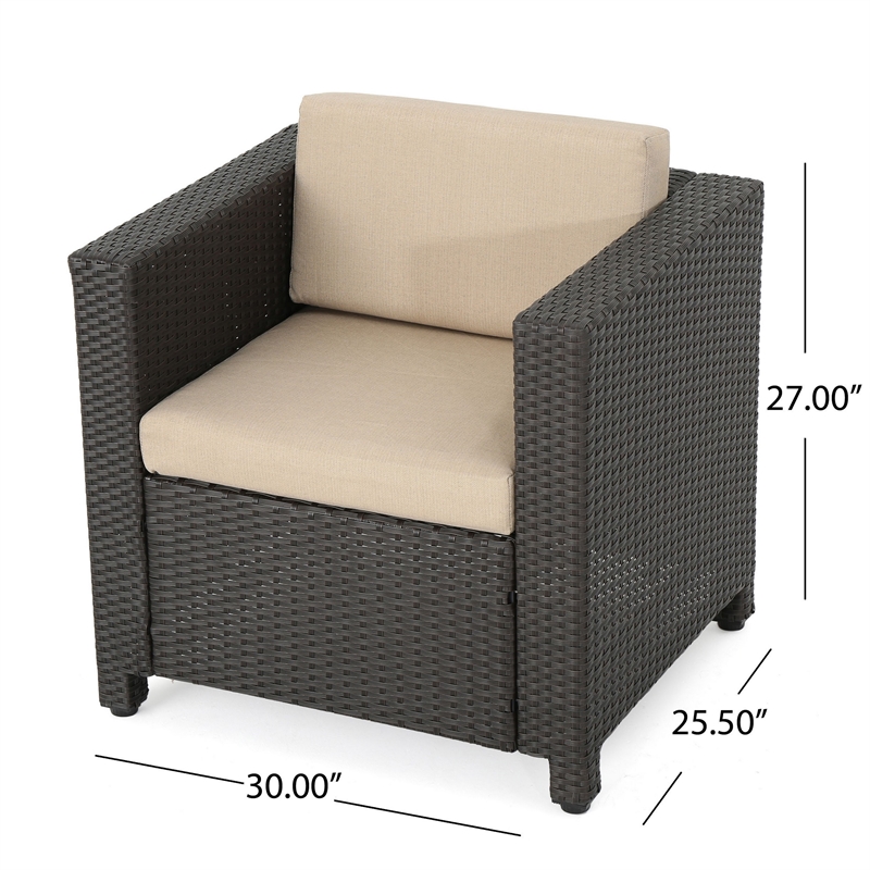 Benjara Elza Outdoor Accent Chair Set of 4- Brown Faux Rattan Wicker- Beige