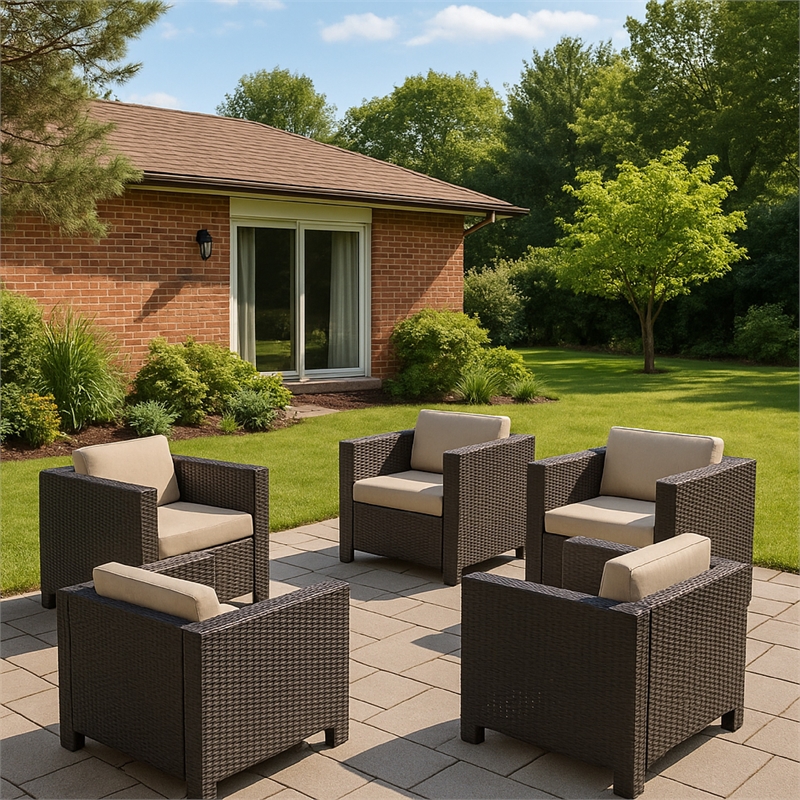 Benjara Elza Outdoor Accent Chair Set of 4- Brown Faux Rattan Wicker- Beige